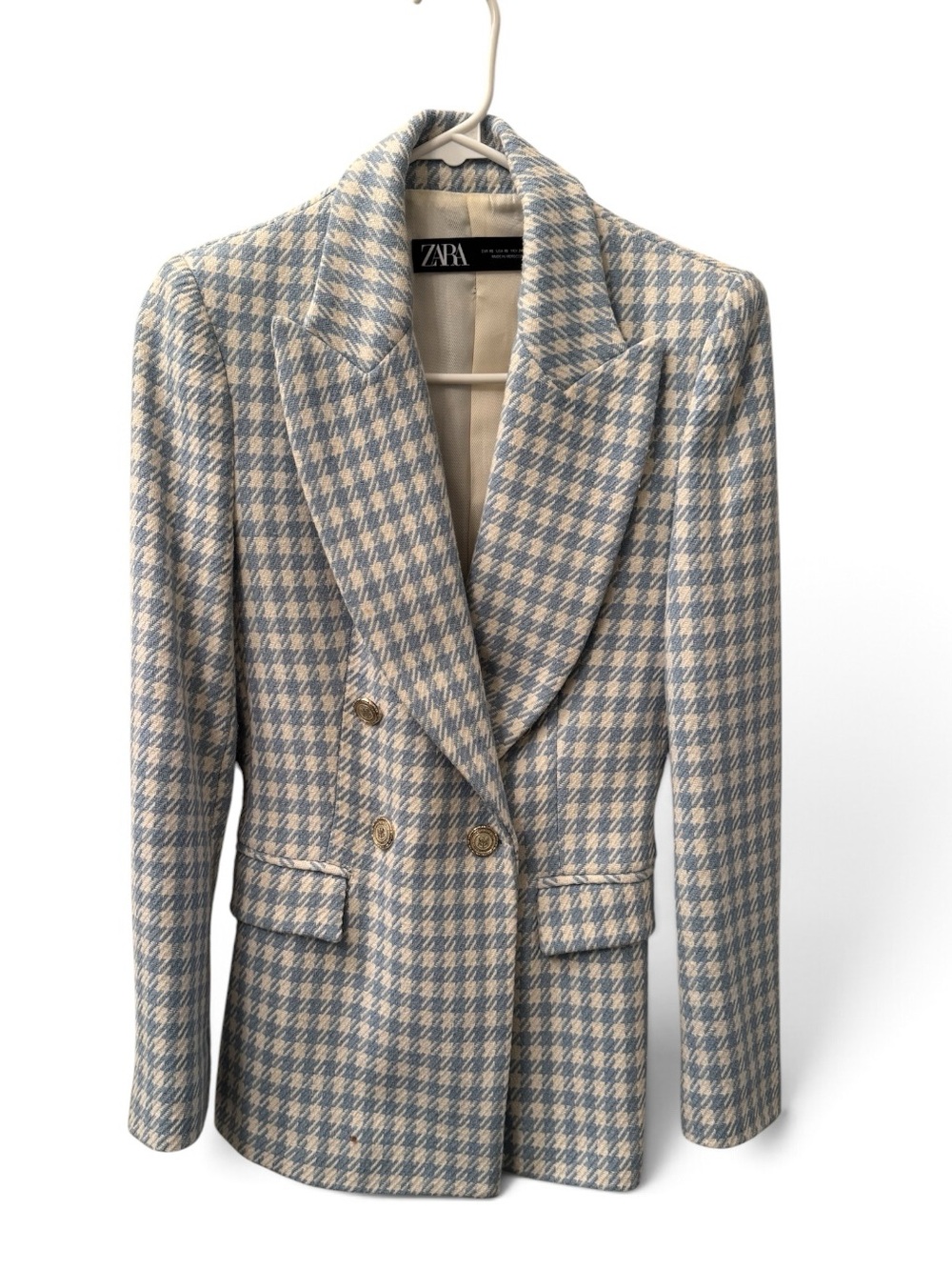 ZARA Blue and Cream Houndstooth Double-Breasted Blazer